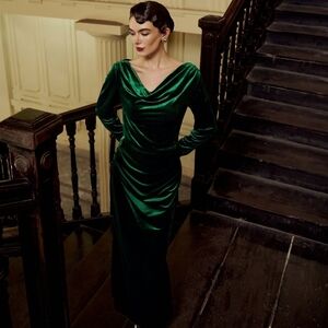 Velvet Draped Long Sleeve Maxi Dress in Emerald Green